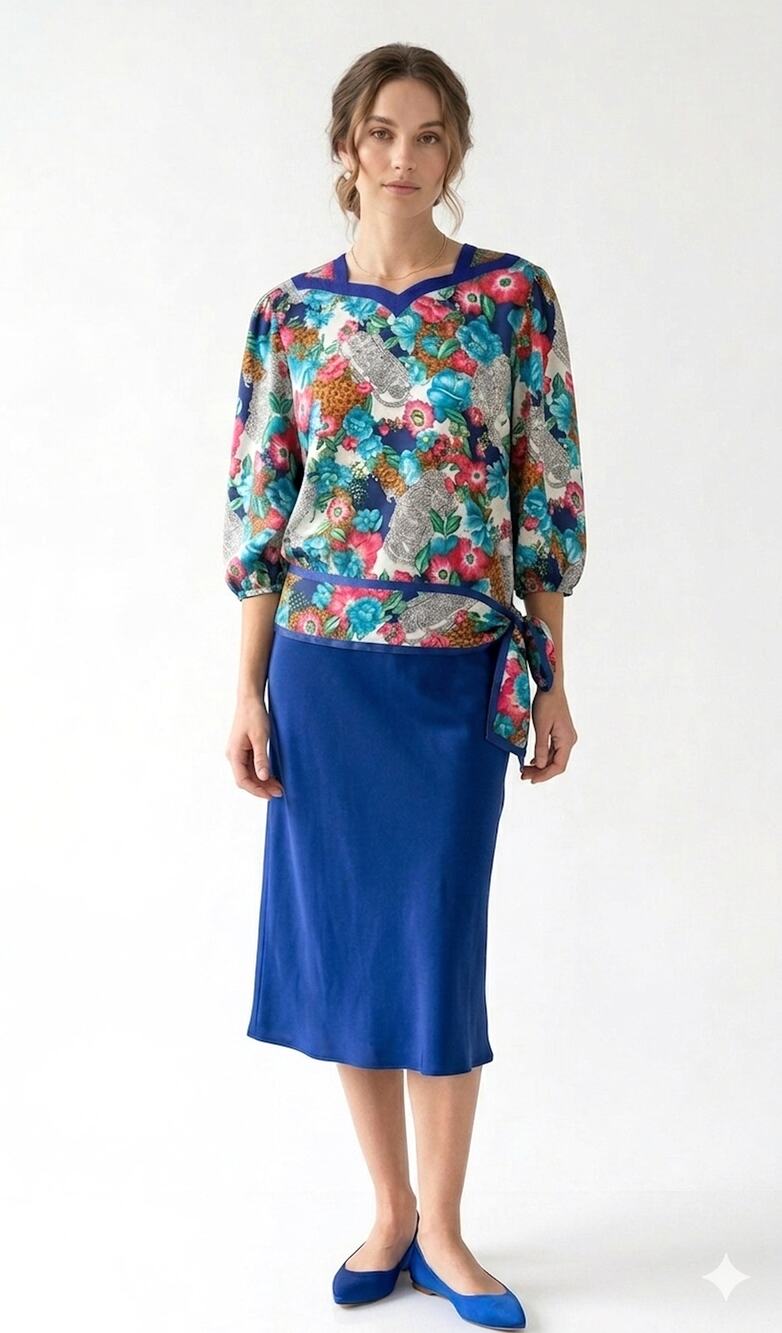 80s DIANE FREIS Floral Silk Blouse w Sash | Blouson Tunic XS/S